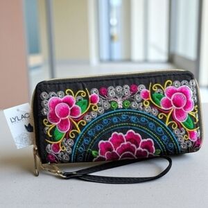 Lylac Colorful Zip Around Floral Embroidered Wallet Wristlet Black Pink